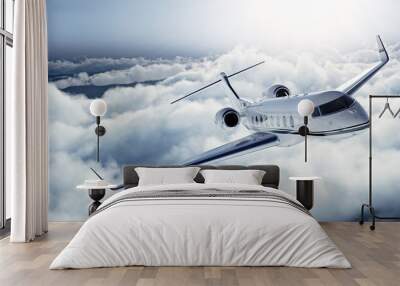 realistic photo of white luxury generic design private jet flying over the earth. empty blue sky wit Wall mural