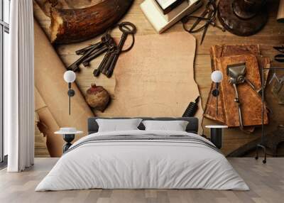 set of old fashion elements with piece of leather and tattoo mac Wall mural