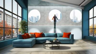 Space interior with three windows and bussinesman.  Wall mural