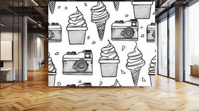 a simple line drawing of a photo and ice cream themed coloring pages pattern for your little girl, photo cameras, ice creams, thin lines, wallpaper, monochrome simplicity Wall mural