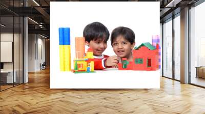 boy and girl playing with blocks Wall mural