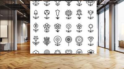 Professional And Minimalist Icons, Flower Set, Line art, flat, 2d, black and white, white background stylize 50 Wall mural