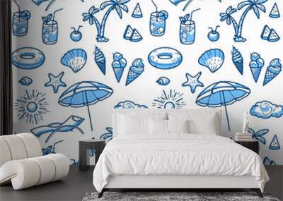 A pattern of hand-drawn doodle symbols of vacation, travel doodle. Tourist and summer sketch. Blue-white linear vector. Wall mural