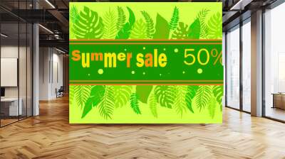 Summer sale banner design concept. In purple and pi k colors, with tropical leaves and lettering. Vector illustration in modern trendy style Wall mural