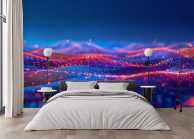 3D render, abstract background with colorful glowing dots on a dark blue wave landscape surface. Big data and digital technology concept in the style of digital technology. Wall mural