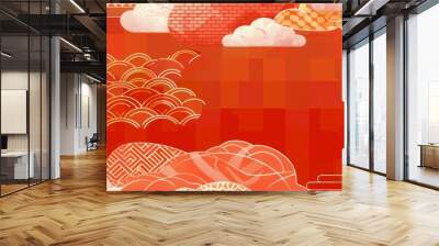 A background of an orange checkered pattern with Japanese patterns and clouds in the style of a flat design. Wall mural