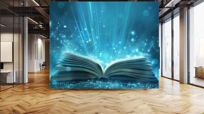 A blue background with an open book and glowing pages floating in the air Wall mural