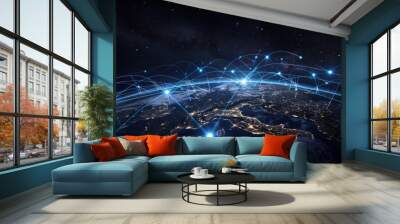 A digital illustration of the Earth with several satellite dishes and blue light beams connecting to multiple points on its surface Wall mural