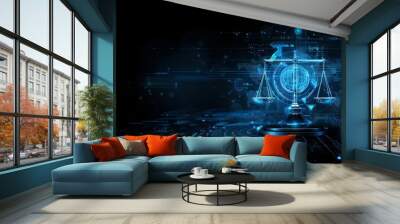 A futuristic and high-tech background with digital scales, law icons and symbols representing the concept of AI extracting data from court documents for knowledge virtualization. Wall mural