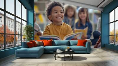 A group of children sitting on the floor, smiling and reading books together in an early childhood education center Wall mural