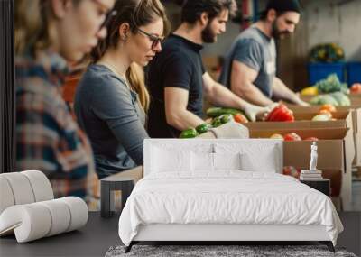 A group of people are working in a warehouse, sorting through boxes of food Wall mural