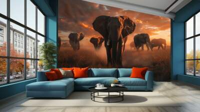 A herd of elephants in the savannah at sunset, with one elephant leading and the others following behind it, symbolizing community Wall mural