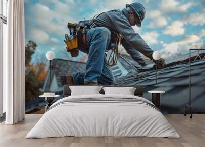 A professional roofer in safety gear, working on the roof of an apartment building under clear blue skies. Wall mural