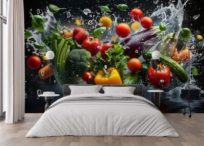 A splash of water is falling on a bowl of fruits and vegetables Wall mural