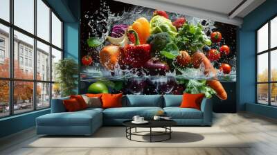 A splash of water is falling on a bowl of fruits and vegetables Wall mural