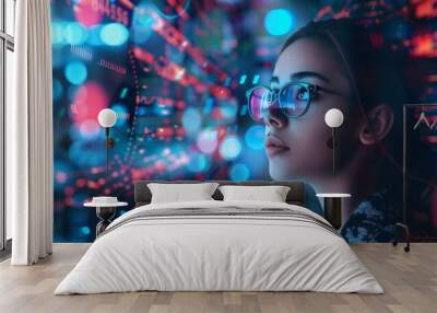 A young woman wearing glasses is surrounded by glowing data and graphs, symbolizing the power of technology in her professional life.  Wall mural