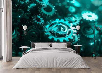 Abstract futuristic digital technology background with gears and cogs in the style of teal color, on black. Wall mural