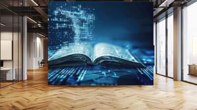 An open book with pages turning into digital data streams, representing the integration of technology and education in AI educational tools. Wall mural