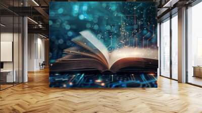 An open book with pages turning into digital data streams, representing the integration of technology and education in AI educational tools. Wall mural