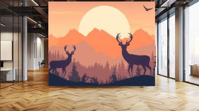 An vector illustration of two deer in the forest, with mountains and trees in the background Wall mural