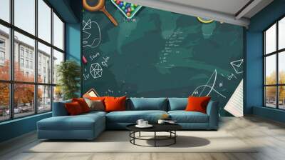 back to school vector background with books, pencil boxes filled of geometric shapes and chalkboard texture on the left side, world map at top right corner, science elements around. Wall mural