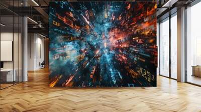 Digital data flows through the center of an abstract digital space composed of cubes and squares, with a dark blue background, red light effects on one side, and an orange glow in front. Wall mural