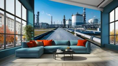 industrial gas plant with large storage tanks and steel pipes, set against the backdrop of a blue sky. Wall mural