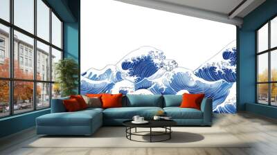 Japanese waves pattern border, in a blue and white color scheme against a white background Wall mural