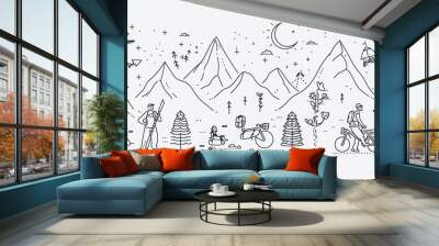 Line art illustrations of outdoor activities such as hiking, camping, and kayaking. Wall mural