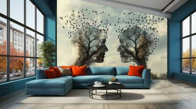 Two trees with faces on them and birds flying around them Wall mural