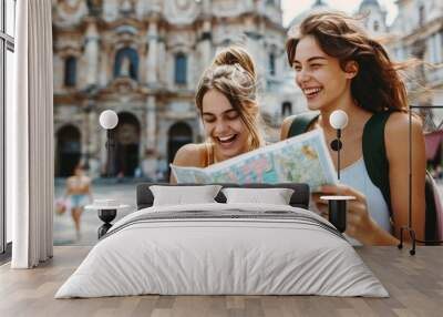 Two women are looking at a map in a foreign city Wall mural