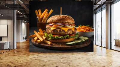 The fresh and delicious cheeseburger with fries on a dark black background. Wall mural