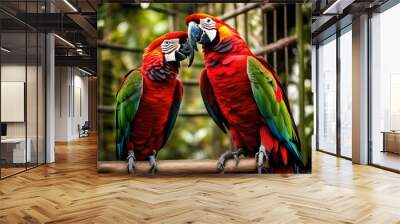 describe the two parrots understanding sitting together.
 Wall mural