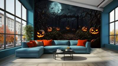 A dark enchanted pumpkin patch with glowing pumpkins and shadowy figures lurking behind the vines, AI Generated Wall mural