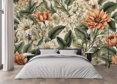 A detailed botanical floral pattern with realistic flowers and leaves in natural colors, Ai Generated Wall mural