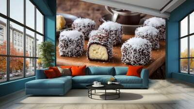 Australian lamingtons sponge cakes dipped in chocolate and rolled in coconut, Ai Generated Wall mural