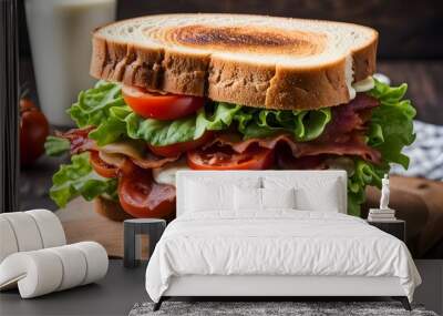 Blt sandwich with crispy bacon fresh lettuce ripe tomatoes and mayonnaise on toasted bread, AI Generated Wall mural