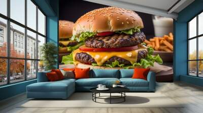 Classic cheeseburger with a juicy beef patty melted cheese lettuce tomato and a sesame seed bun, AI Generated Wall mural