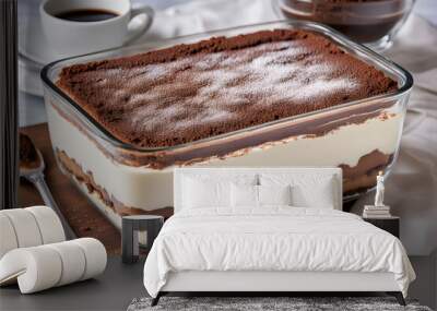 Italian tiramisu in a glass dish layered with mascarpone cheese coffee soaked ladyfingers, AI Generated Wall mural