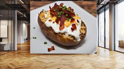 Loaded baked potato topped with sour cream cheddar cheese crispy bacon bits and chives, Ai Generated Wall mural