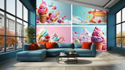 birthday party milk ice fun pastry dairy snack cream strawberry cupcake illustration ice cream  Wall mural