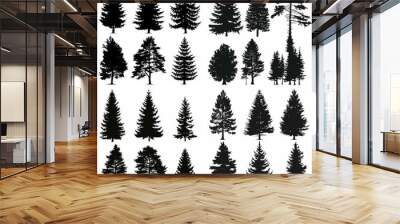 black tree silhouette set pure badge eco outline recreation breath emblem label protection graphic pine trunk woodland Wall mural