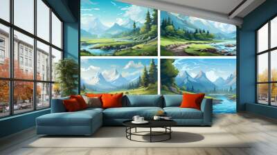 nature landscape mountain sky vector illustration meadow tree design forest summer travel  Wall mural