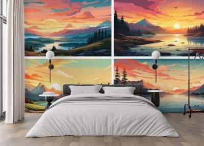 nature landscape mountains peak forest sky travel view hills horizontal illustration vector sunset  Wall mural