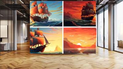 navigation painting seascape wind fantasy marine ship wave sunrise dusk horizon artistic reflection  Wall mural