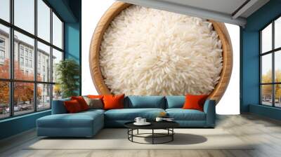 Raw white rice in a wooden bowl top view isolated on transparent background Wall mural