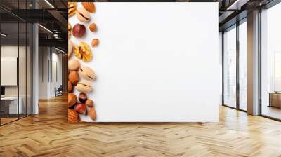 A variety of nuts including pecans, macadamia nuts, walnuts, almonds, and hazelnuts, with space for text, isolated along one edge. (Top view or flat lay) Wall mural