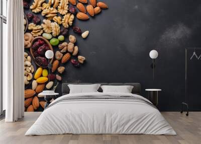 A variety of nuts is arranged on a black slate or stone background, serving as a healthy snack option. The composition is captured from a top view with space for copying. Wall mural