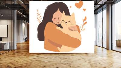 Girl hugging cat with love Flat illustration Wall mural