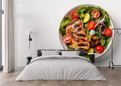 Grilled chicken and fresh vegetable salad. Healthy diet food concept. On a light background, top view Wall mural